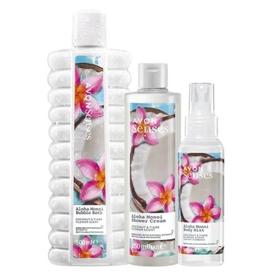 Avon Senses Aloha Monoi Zestaw Kosmetyków - Kokos i Kwiat Tahiti 3w1 [Płyn 500ml + Żel 250ml + Mgiełka]