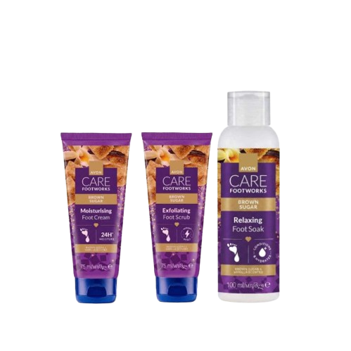Avon Footworks Brown Sugar - Zestaw kosmetyków do stóp Brązowy cukier i wanilia [Scrub + Krem + Kąpiel]